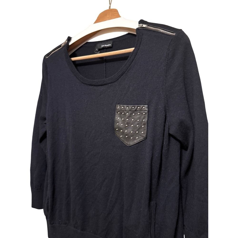 The Kooples Black Sweater Leather Zip Shoulder Women's Size‎ L, Merino Wool,
